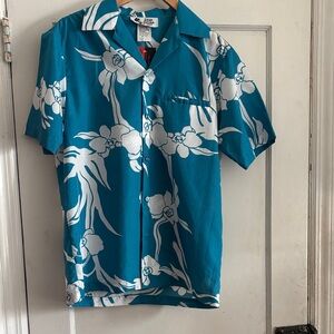 Hilo Hattie Hawaiian Shirt Blue Floral Aloha Button Up Size Medium